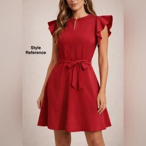 TCEC Elegant Dark Red Flutter Sleeve Tie Waist Dress – Size Large- (size 8)
